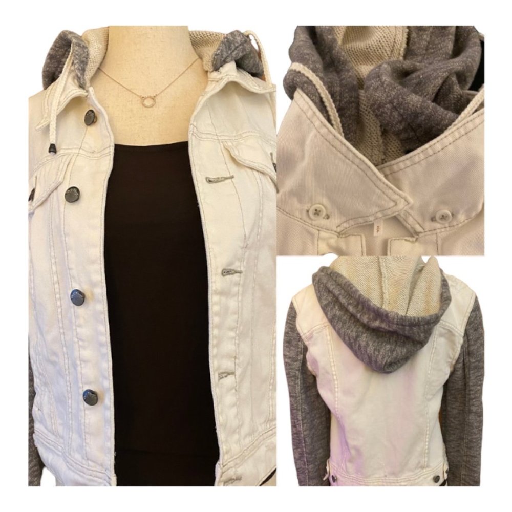 Free People‎ Distressed Denim Jacket Women Small French Terry Removeable Hoodie